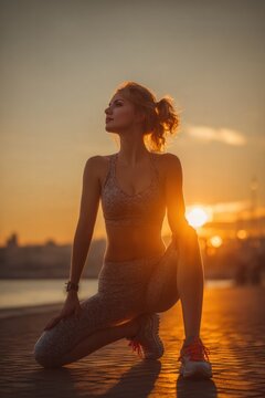 woman stretching during sunset by the water