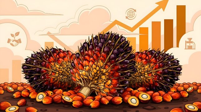 Vector illustration of oil palm fruit bunches with economic growth charts and sustainability icons background, visualizing palm oil industry, major commodity, and agriculture economy.