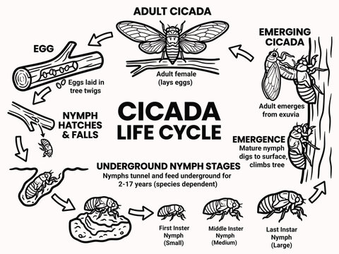 Cicada Life Cycle Diagram, Insect Life Stages Illustration, Educational Cicada Biology Chart, Vector Cicada Development Infographic