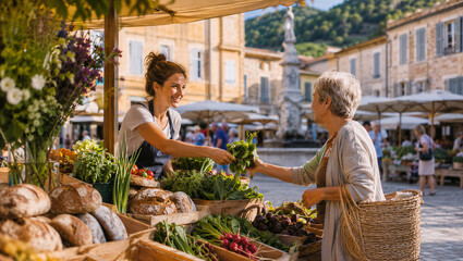 Smiling young vendor handing fresh vegetables to senior customer at outdoor market. Local organic produce stall in European town square