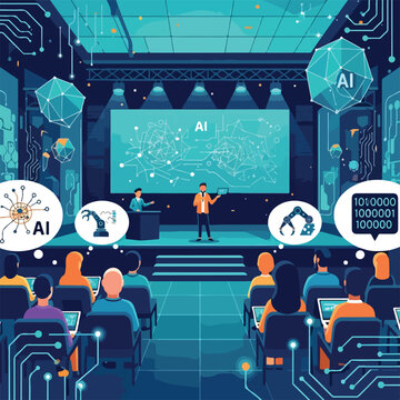 A conference room with a presentation on AI