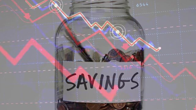 A glass jar filled with coins labeled SAVINGS, overlaid with a dramatic red downward stock market graph, symbolizing financial loss, inflation, and shrinking personal wealth.