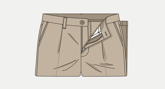 Flat lay illustration of beige khaki pants with open zipper.
