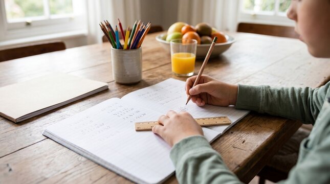 Young boy doing math homework at home table with ruler and pencil, focused elementary student studying mathematics, academic education and learning concept