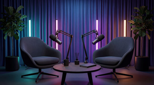 Modern podcast recording setup with two black microphones and chairs in colorful studio