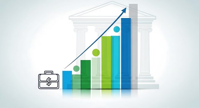 Business growth chart with coins and clock on blue background.
