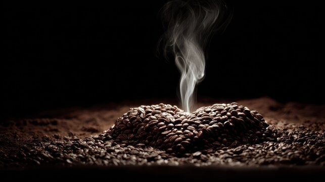 Rich, dark roasted coffee beans emit fragrant steam above a bed of grounds under dramatic low light.