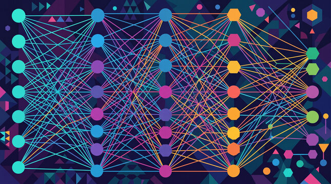 Vibrant Geometric Neural Grid with Colorful Abstract Digital Connections