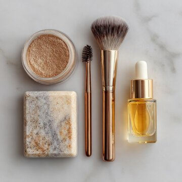 beauty essentials on marble surface
