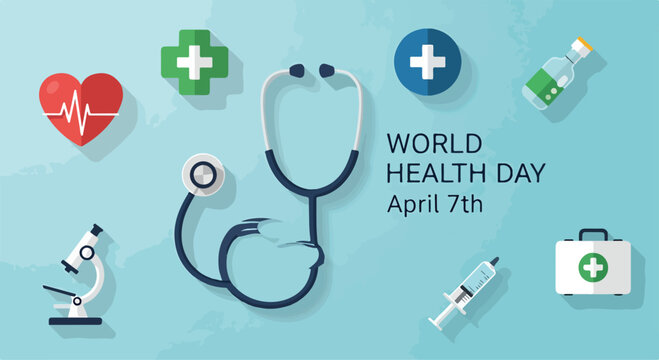 A digital illustration for World Health Day featuring medical icons