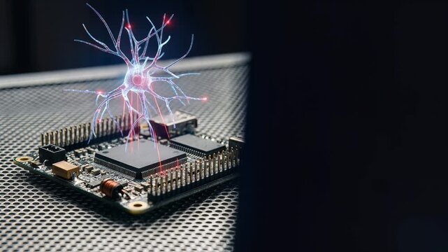 Crimson neural network hologram hovering above a computer processing board