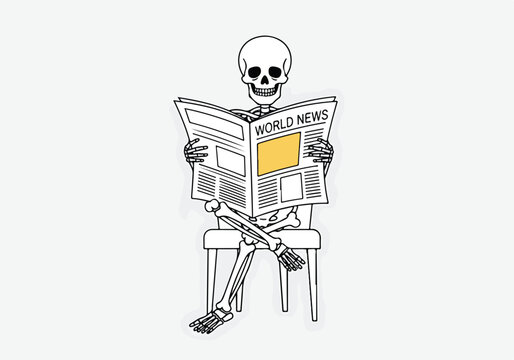A skeleton reading a newspaper