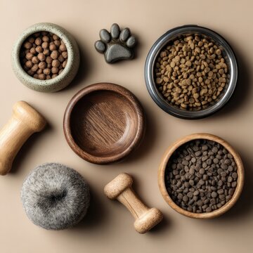 pet food bowls and accessories on beige background