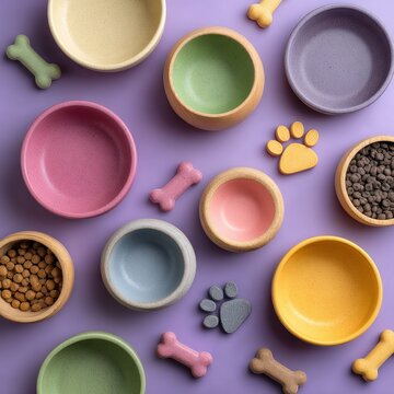 colorful pet bowls with treats on purple background