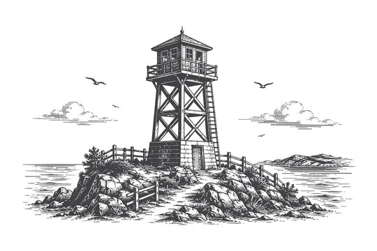 Detailed vintage engraving style vector illustration of a coastal watchtower on a rocky island landscape graphic resource