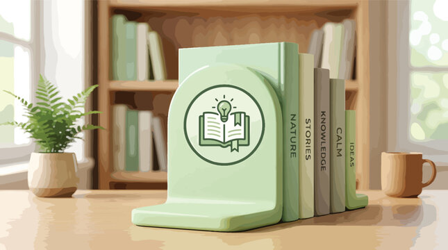 Green bookend holding books on desk.