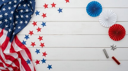 Obraz premium USA Independence Day background with American flag, paper stars and fans on rustic white wooden table, top view with copy space for July 4th celebration