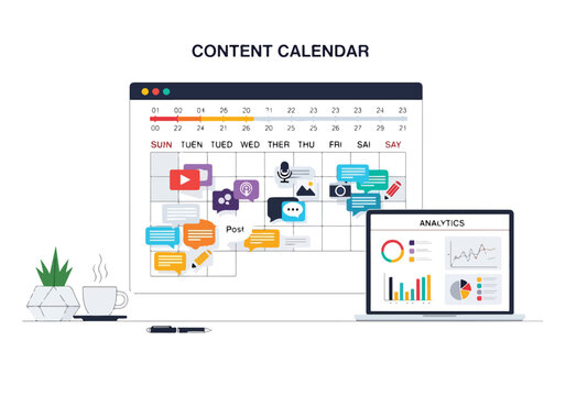 A content calendar with a laptop displaying analytics