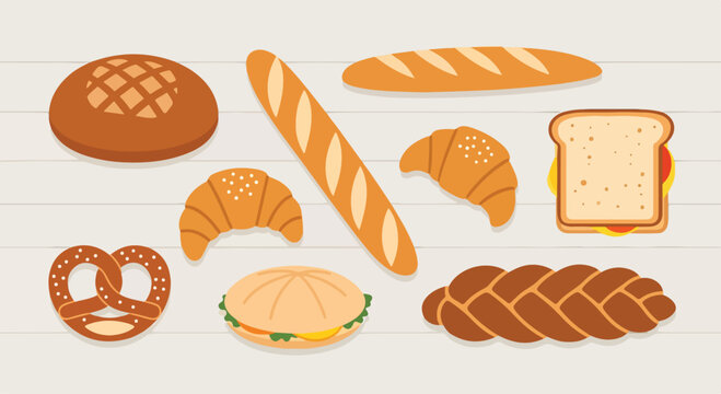 Various types of bread and sandwiches on a table