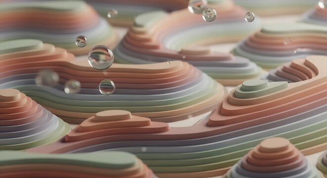 Colorful layered paper sculptures with water droplets floating above intricate origami style design elements