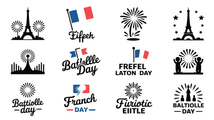 Set of bastille day themed logos with eiffel tower, fireworks and flags. © Tuli