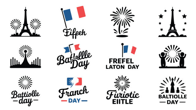 Set of bastille day themed logos with eiffel tower, fireworks and flags.