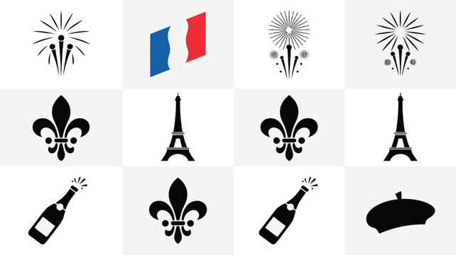 Collection of festive french themed icons including eiffel tower fleur de lis champagne.