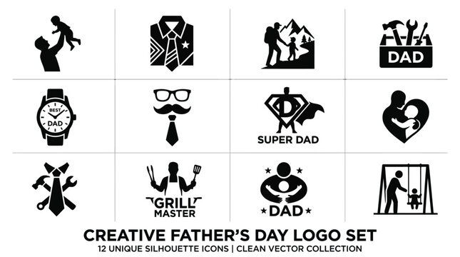 Creative father's day logo set with unique silhouette icons clean vector collection.