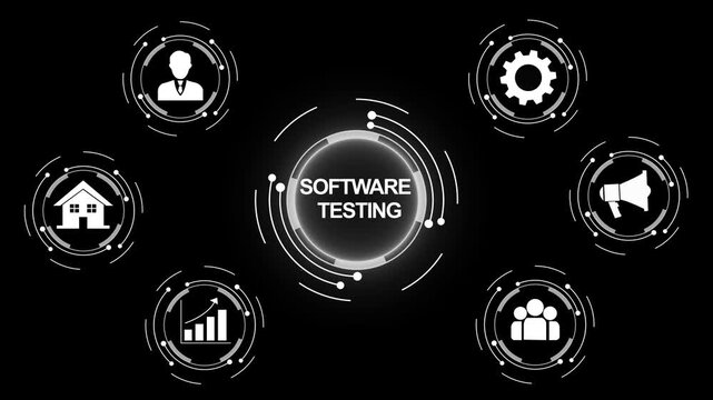 Software testing concept infographic animation featuring digital hud interface network connectivity data analytics graphs, and futuristic user experience for tech projects
