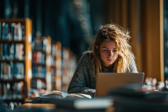 woman studying in library with laptop
