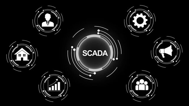 Advanced scada system digital interface featuring animated industrial automation network connectivity nodes, and data analytics visualization for modern smart factory infrastructure and control