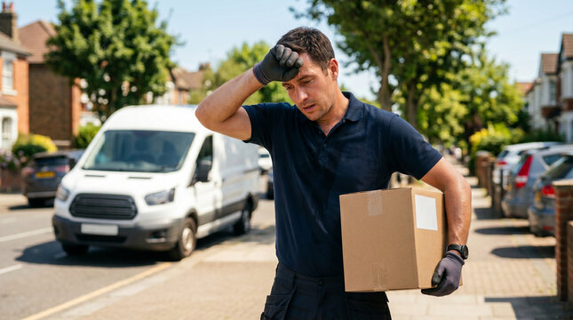 Delivery courier wiping sweat with parcel outdoors