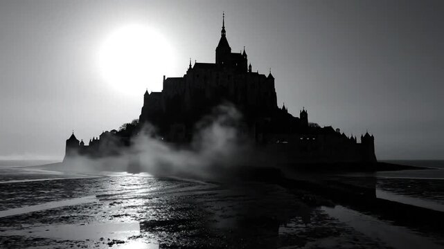 Mysterious castle silhouette on a rocky island with atmospheric fog and bright sun in the background
