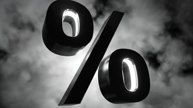 Black illuminated percentage symbol against a cloudy dark sky with dramatic lighting and volumetric fog