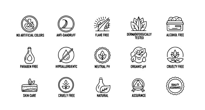 Personal care certification line icons dermatologically tested organic and paraben free vector set