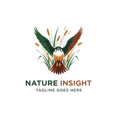 Fototapeta premium Elegant logo featuring a hawk-like bird soaring over cattails, perfect for environmental, conservation, or outdoor brands.