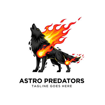 Fierce illustration of a dark wolf engulfed in bright orange and red flames, ideal for esports or high-energy gaming branding.