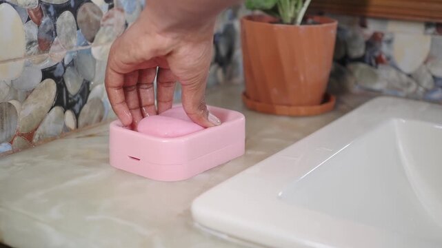 Soft pink container on bathroom counter in bright setting