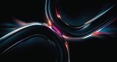 3d iridescent liquid glass ribbon wave line with neon rainbow light texture on abstract black background. 3D illustration.Holographic gradient water flow with speed motion effect. Digital tech banner. © Mehboob