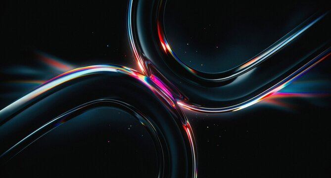 3d iridescent liquid glass ribbon wave line with neon rainbow light texture on abstract black background. 3D illustration.Holographic gradient water flow with speed motion effect. Digital tech banner.