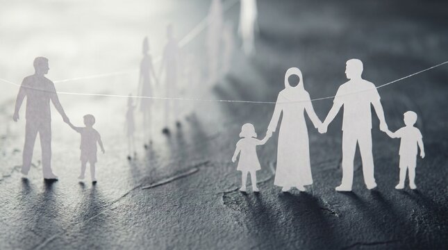 Paper figures of muslim family and neighbors connected by thin strings on dark surface symbolizing social bonds community support and interpersonal relationships in modern society.