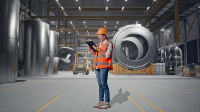 Full Body Side View Of Asian Female Engineer With Safety Helmet Taking Note On The Tablet And Looking Around While Standing at Heavy Factory with Large Turbine Components