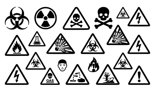 Black Hazard Warning Icon Set Featuring Toxic Radiation Biohazard and High Voltage Danger Symbols