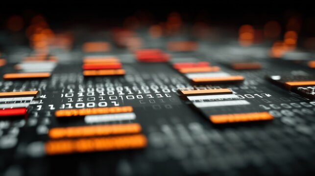 Digital data streams flow across a surface displaying abstract binary code elements.