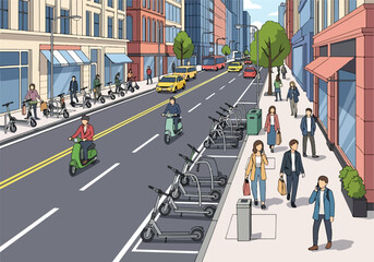 A bustling city street with scooters and people © Haro