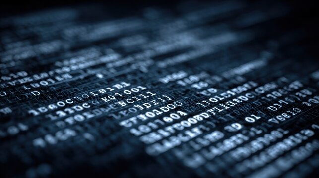 Glowing digital data streams flow across a dark, shallow focus screen.