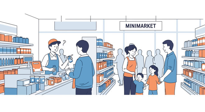 Confused cashier helping a customer at a minimarket with shelves stocked by people.