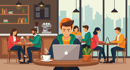 A bustling coffee shop with people working on their laptops © Haro