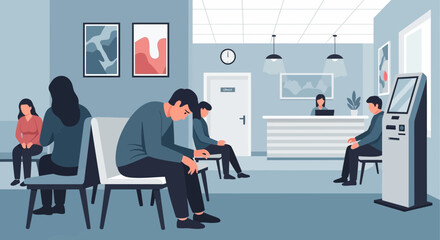 Fototapeta premium Patients Waiting in Hospital Clinic Lobby for Medical Treatment