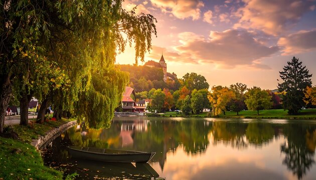 A serene lake scene at sunset with a small boat